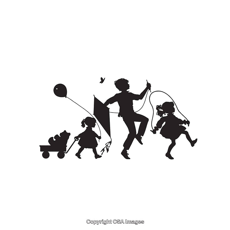 Silhouette of Joyful Children Playing with Toys and Jump Rope Outside