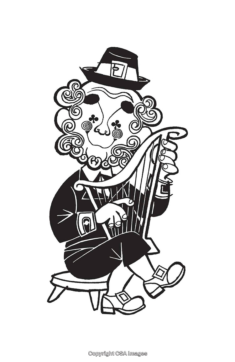 Black and White Line Art of a Character Playing a Harp