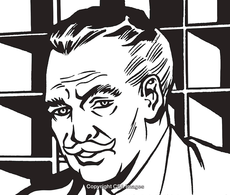 Vintage Black-and-White Illustration of a Distinguished Man with a Thin Mustache