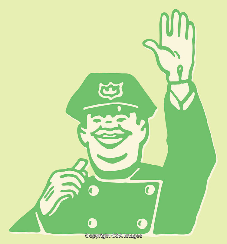 Line Art Illustration of a Cheerful Police Officer Waving
