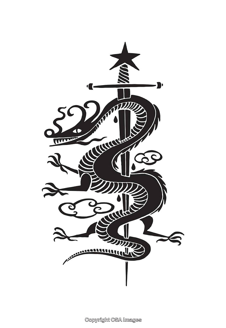 Intricate Black and White Dragon Illustration With Sword and Star
