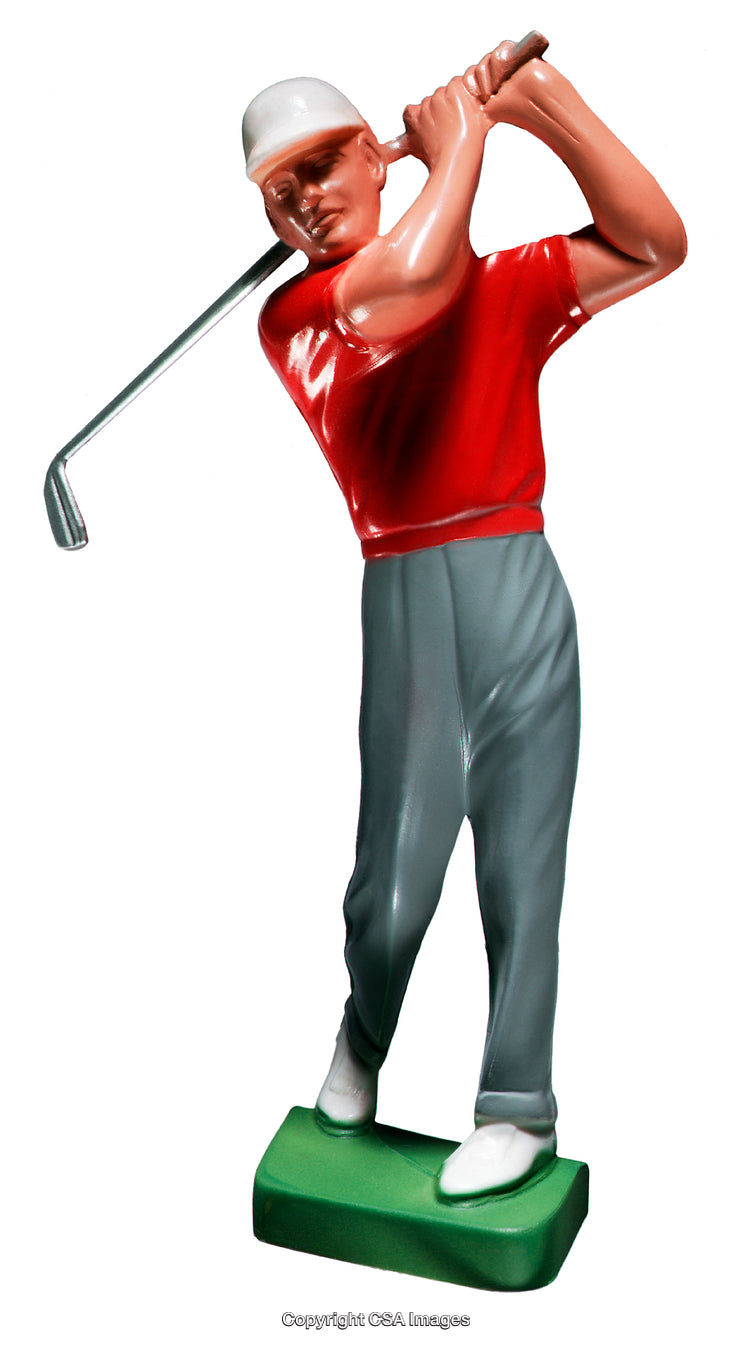 Plastic Golfer Figure in Swing Pose on Green Base with Red Shirt