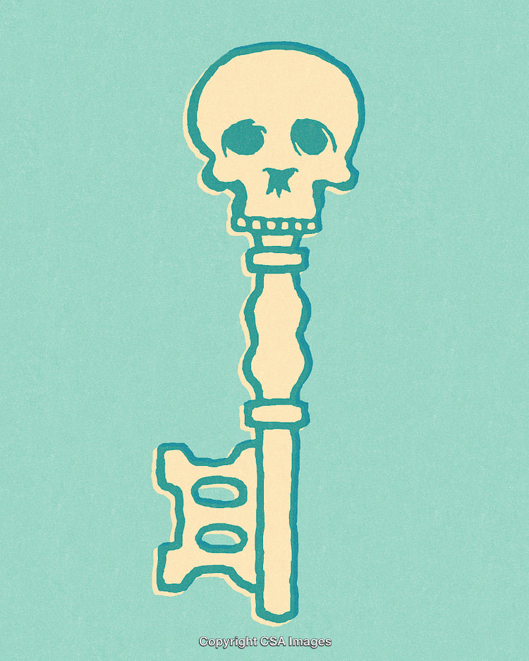 Artistic Illustration of a Skeleton Key with Skull Design and Pastel Colors