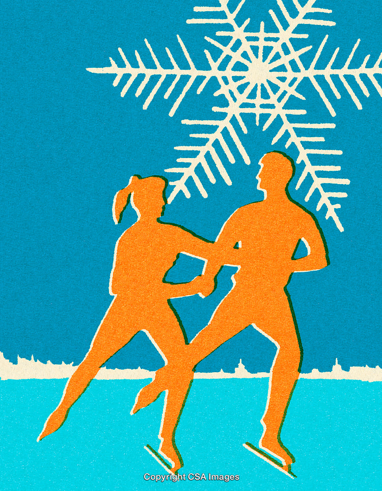 Colorful Illustration of Ice Skating Couple Under Large Snowflake Design