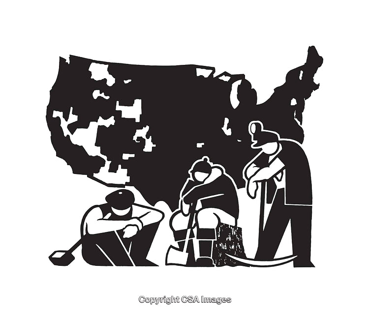 Black and White Illustration of Workers with Map of the United States