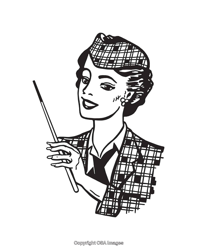 Retro Styled Woman with Hat Holding Teaching Pointer