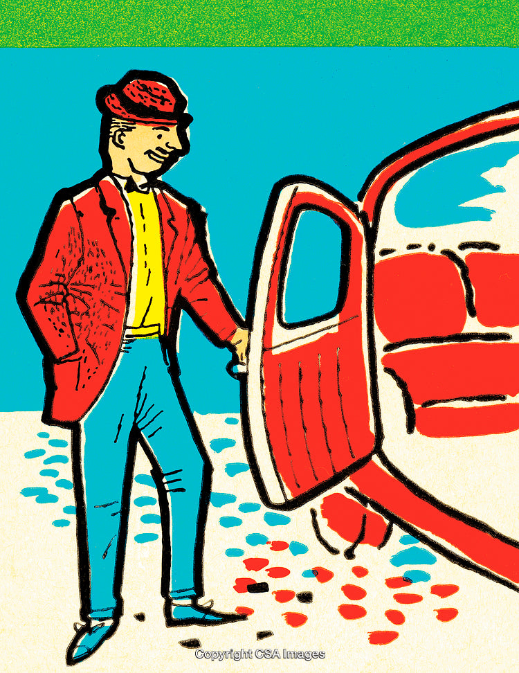 Colorful Illustration of a Gentleman Opening a Colorful Car Door