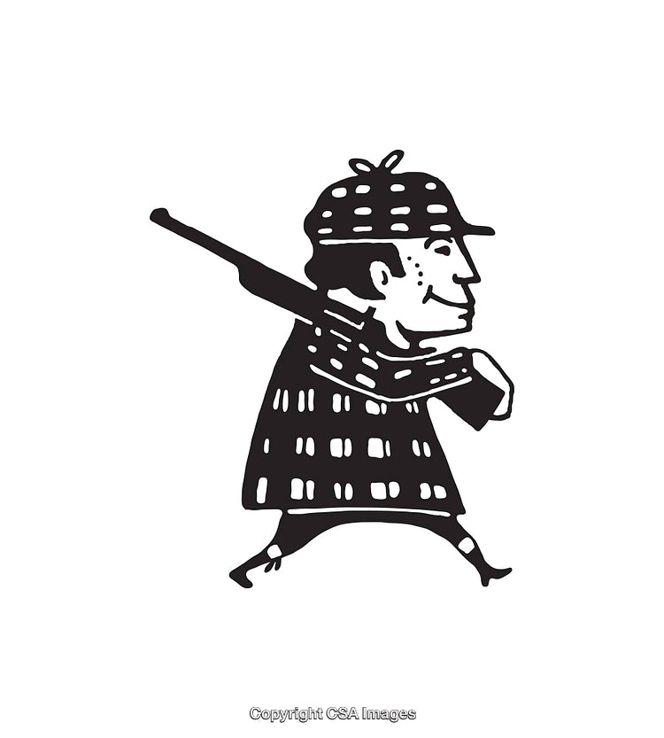 Black And White Illustration of a Hunter in Traditional Hat Carrying Rifle