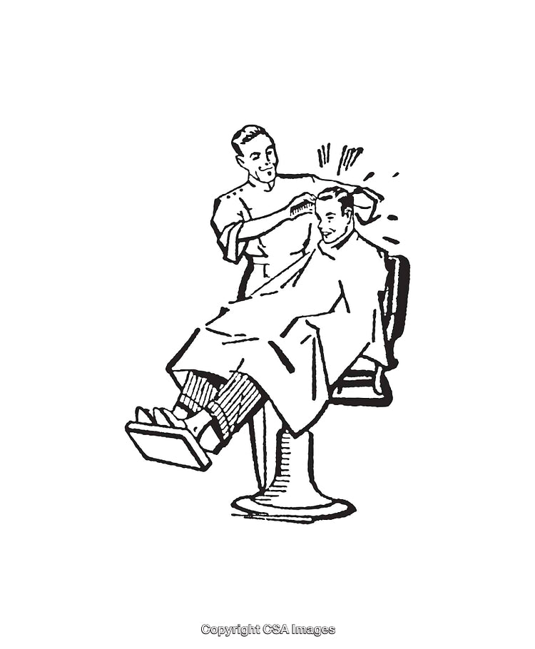 Vintage Line Art Illustration of a Barber and Client During a Haircut