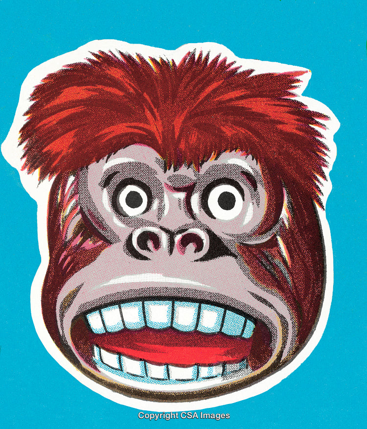 Colorful Cartoon Ape Illustration with a Playful and Comedic Expression on Blue Background