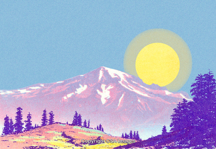 Vibrant Mountain Landscape with Bright Sun and Clear Blue Sky