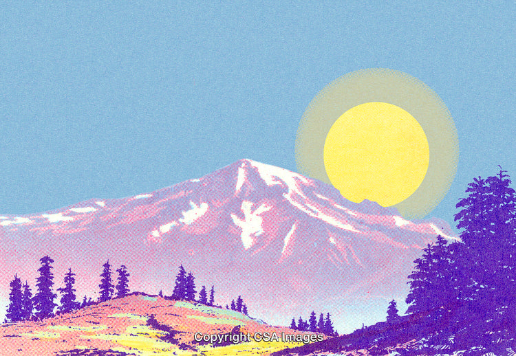 Vibrant Mountain Landscape with Bright Sun and Clear Blue Sky