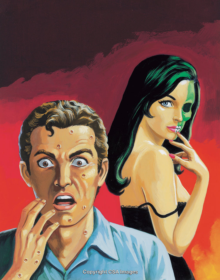 Surreal Artwork Featuring a Surprised Man and a Mysterious Woman with a Half Skull