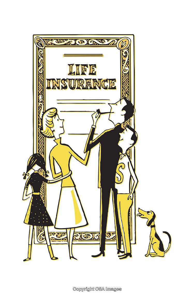 Retro Illustration of a Family Evaluating Life Insurance Agreement