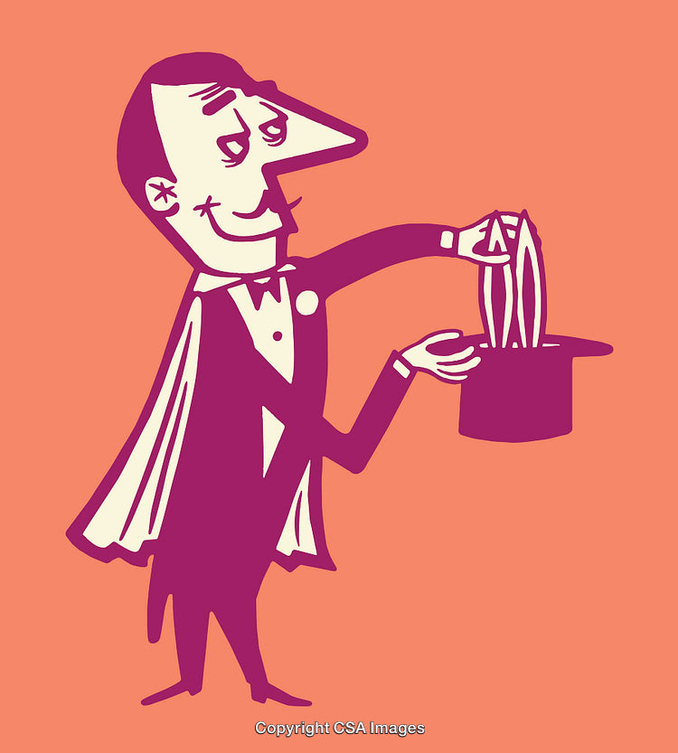 Vintage Magician Illustration Performing Hat Trick in Retro Style