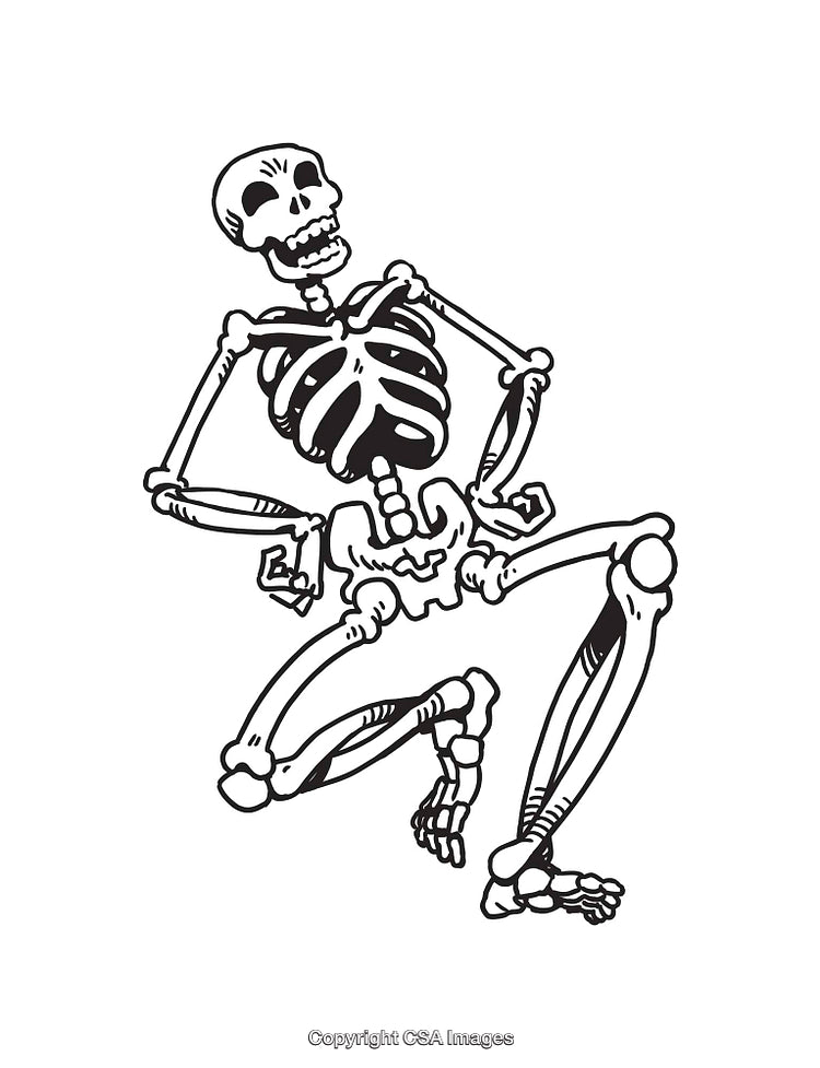Black and White Line Art Illustration of a Dancing Skeleton Figure