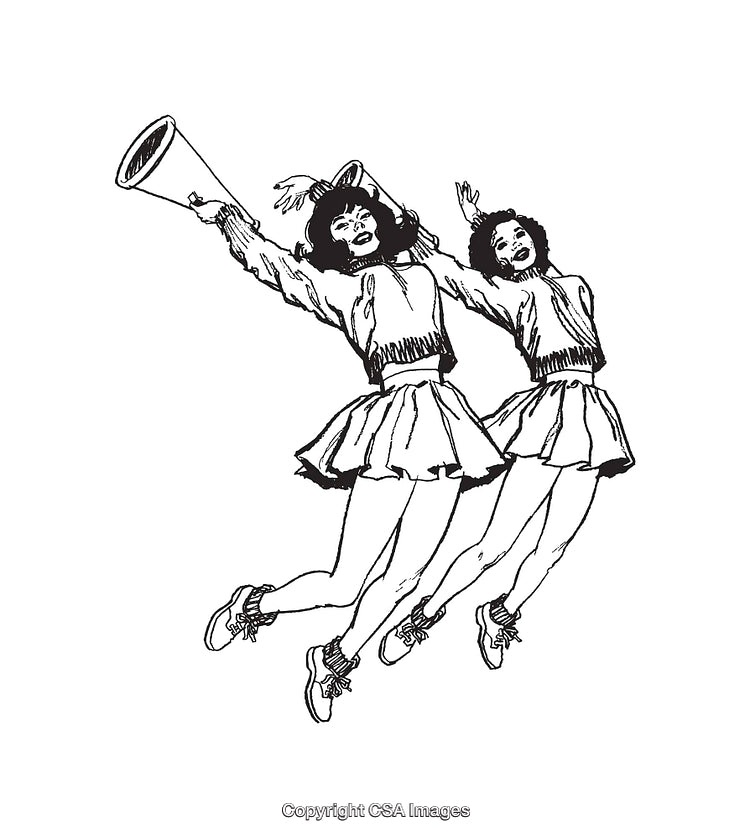 Black and White Line Art of Cheerleaders Jumping Energetically