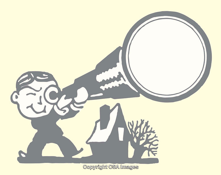 Illustration of a Character Using Telescope Near House in Monochromatic Style