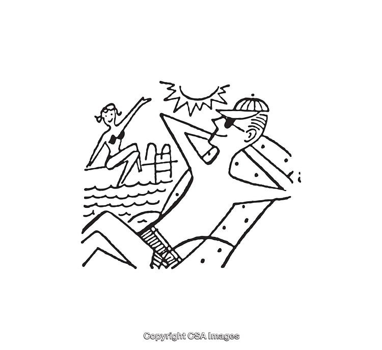 Playful Summer Swim Scene with Sunbathers in Black and White Line Art