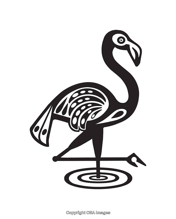 Stylized Line Art Flamingo Standing in Water with Decorative Patterns