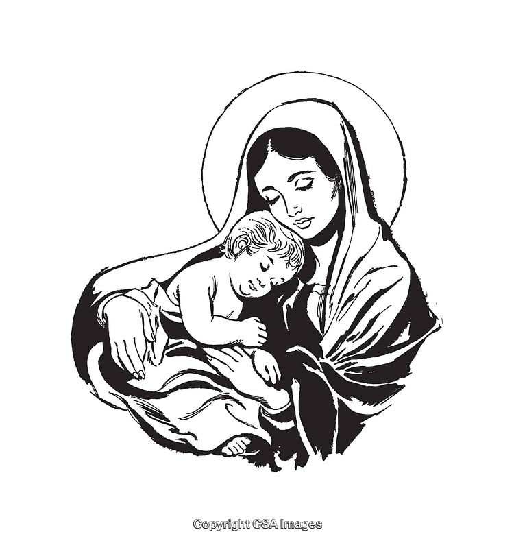 Black and White Line Art Depicting a Mother Holding a Sleeping Child