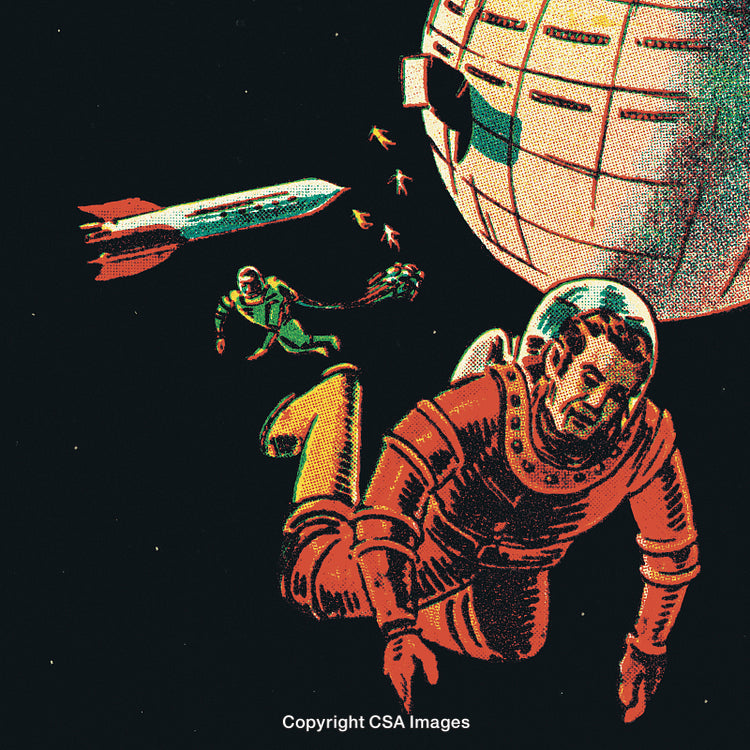 Retro Comic Illustration of Astronauts and Spacecraft in Deep Outer Space