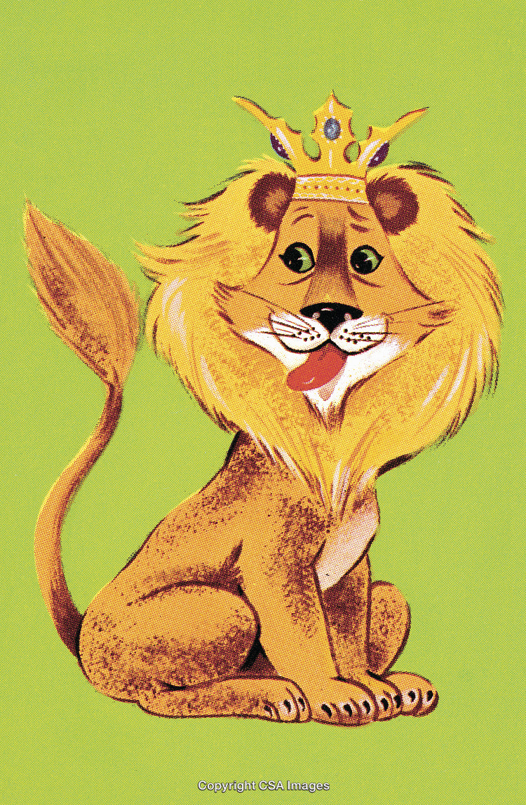 Cartoon Lion Wearing a Crown on a Vibrant Green Background