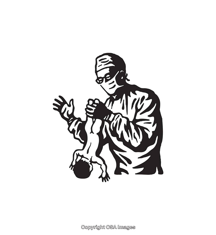 Black and White Line Art Illustrating Doctor Delivering a Newborn Baby