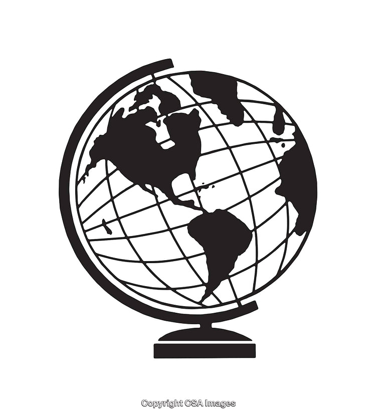 Black And White Illustration Of A Globe Showing Continents