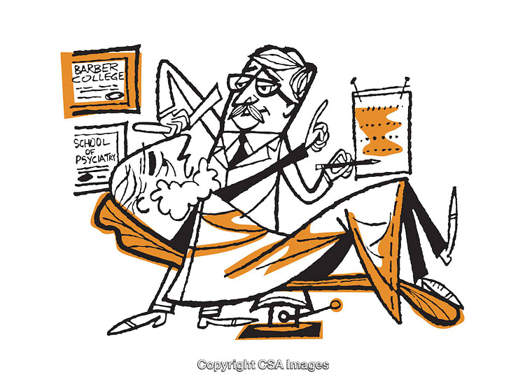 Humorous Illustration of a Psychiatrist Interacting with a Reclined Patient