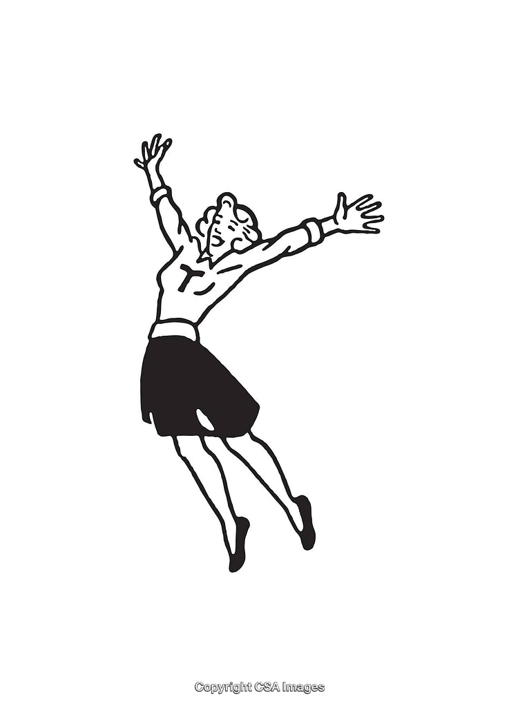 Vintage Black and White Line Art of a Cheerful Jumping Woman