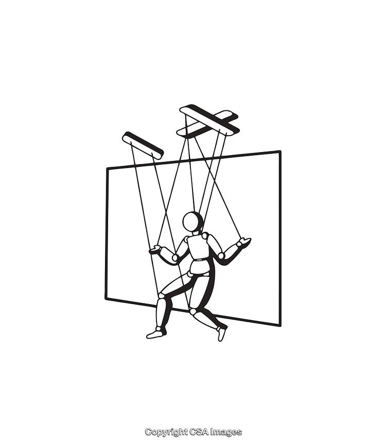 Black and White Puppet Manipulated by Strings Line Art Illustration