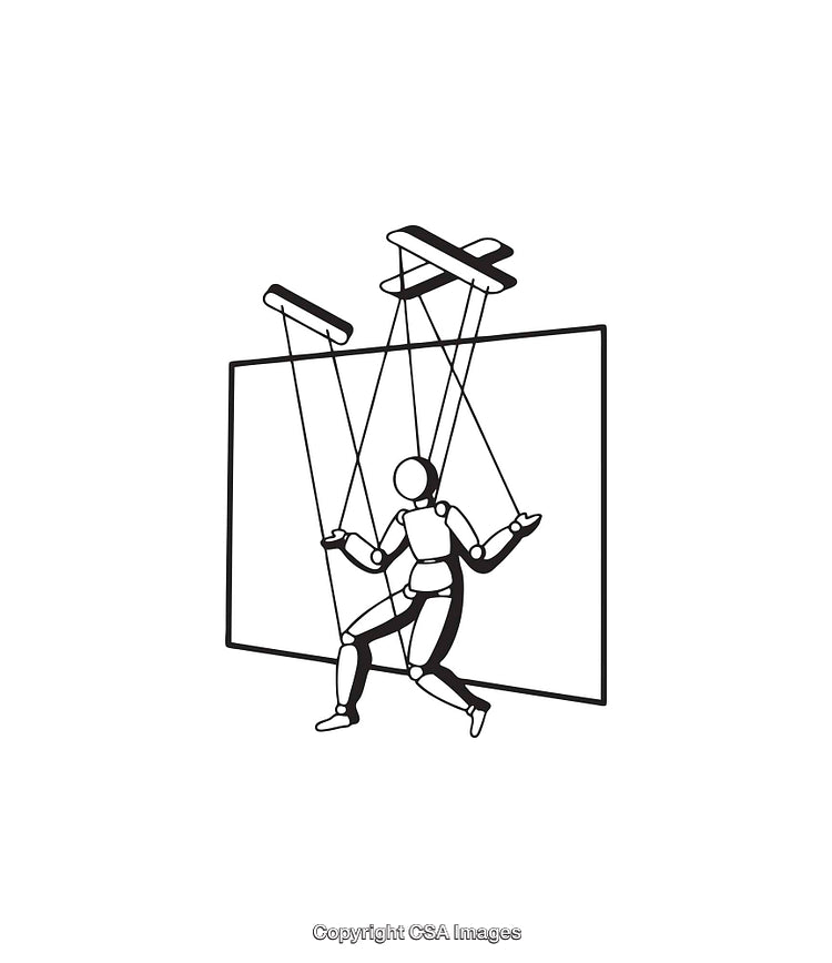 Black and White Puppet Manipulated by Strings Line Art Illustration