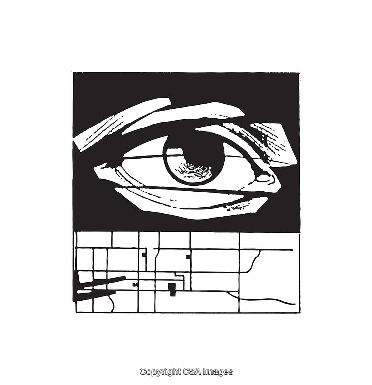 Surreal Black and White Eye Illustration with Abstract Grid Pattern