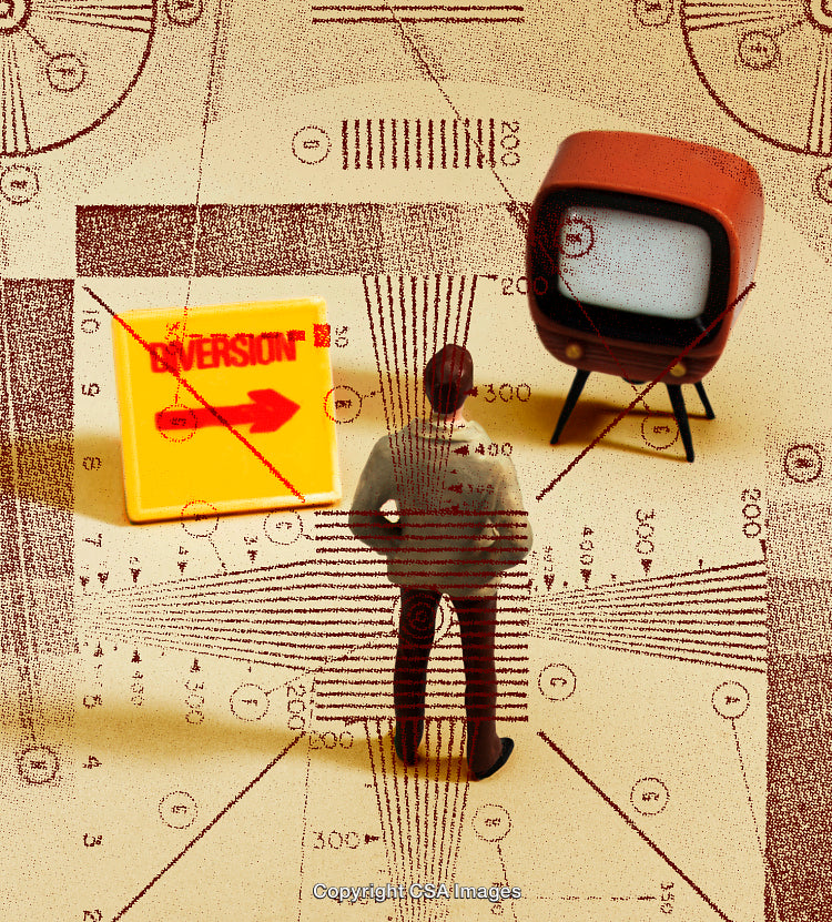 Surreal Composition of Figurine, Retro TV, and Geometric Patterns