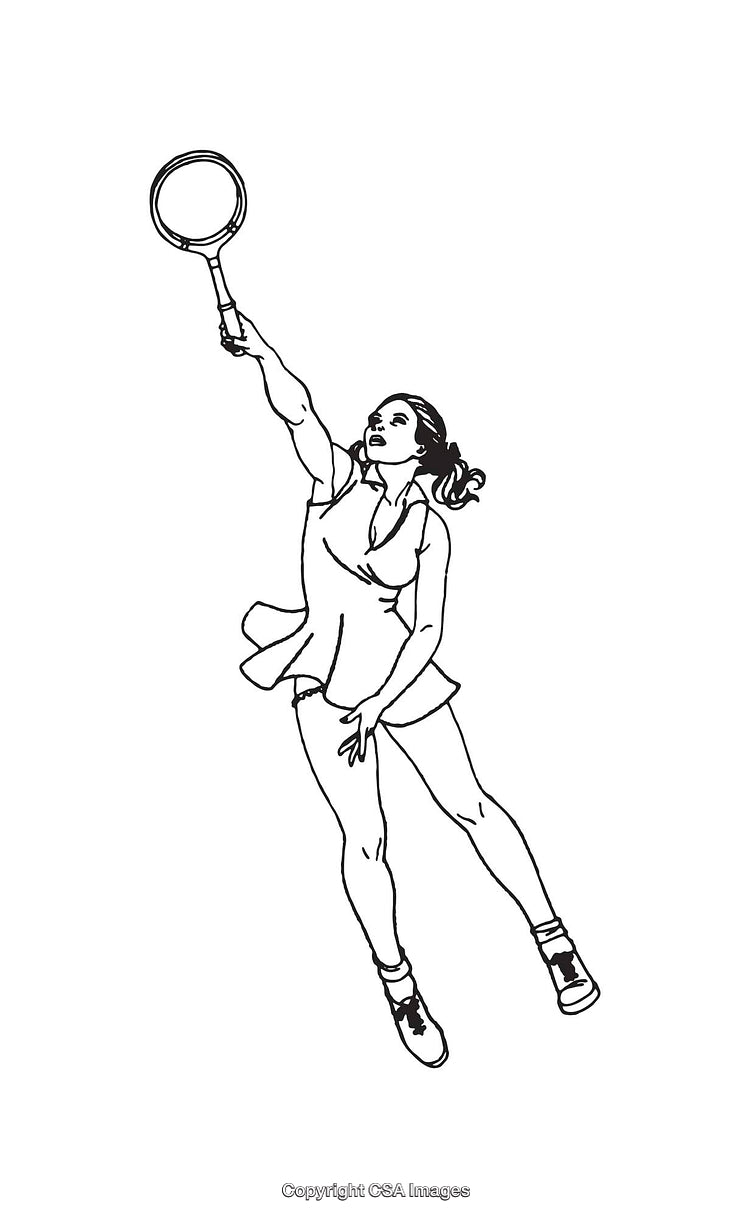 Black and White Line Art Illustration of Female Tennis Player in Action
