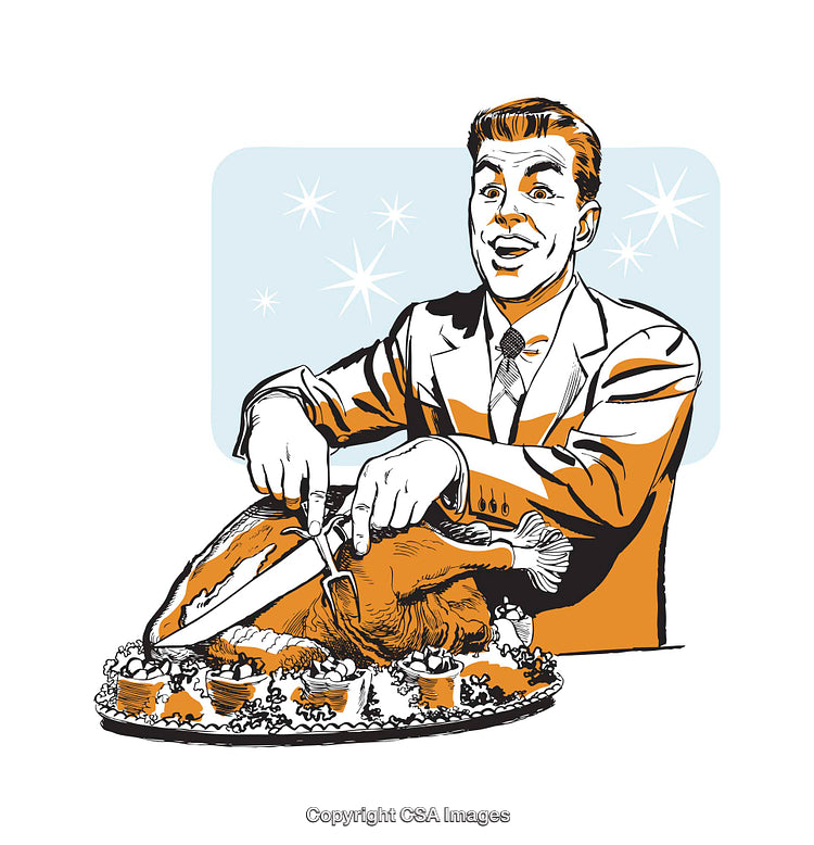 Vintage Illustration of Man Carving Holiday Turkey with Cheerful Expression