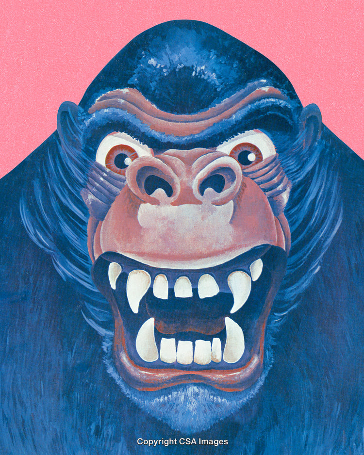 Illustrated Fierce Gorilla Face Staring Against a Bright Pink Background