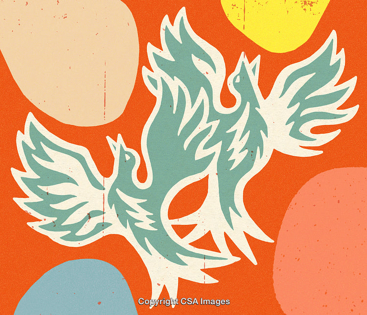Colorful Illustration of Abstract Birds with Vibrant Background and Artistic Shapes