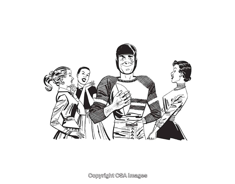 Retro Line Art of Cheerful Football Player Surrounded by Enthusiastic Fans