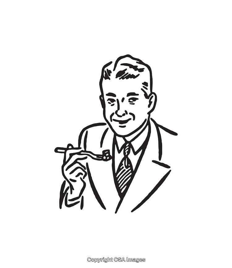 Retro Line Art Drawing of a Smiling Man Holding a Spoon
