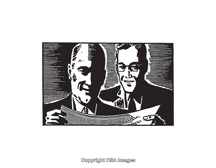 Vintage Style Black and White Illustration of Two Business Professionals Reading