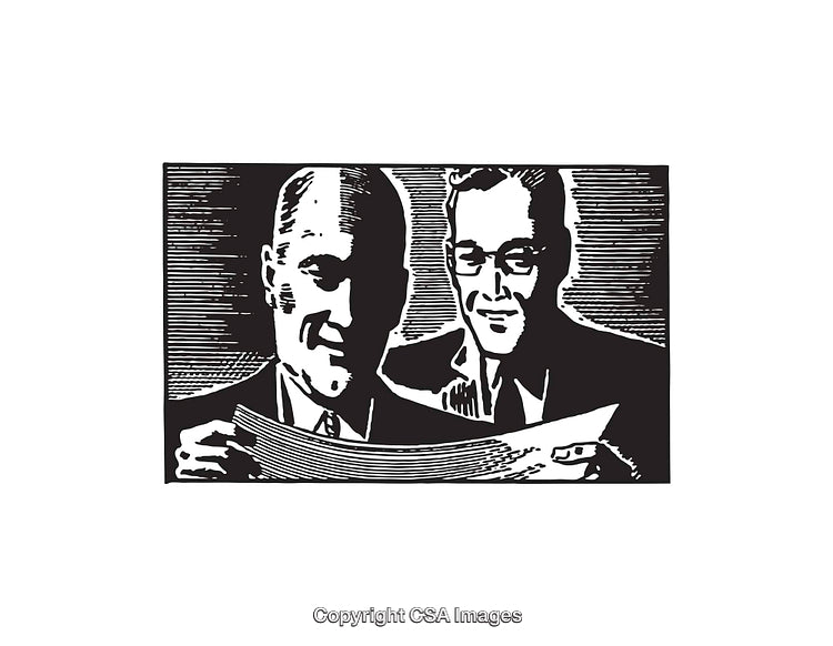 Vintage Style Black and White Illustration of Two Business Professionals Reading