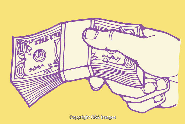 Colorful Line Art of Hand Holding Stack of Dollar Bills