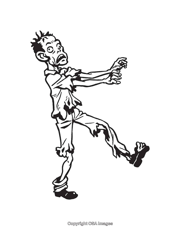 Black and White Line Art Illustration of a Cartoon Zombie