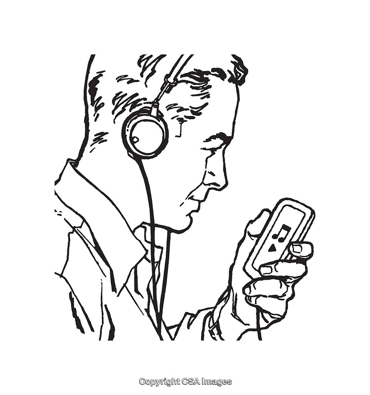 Black and White Illustration of a Person Listening to Music on Headphones