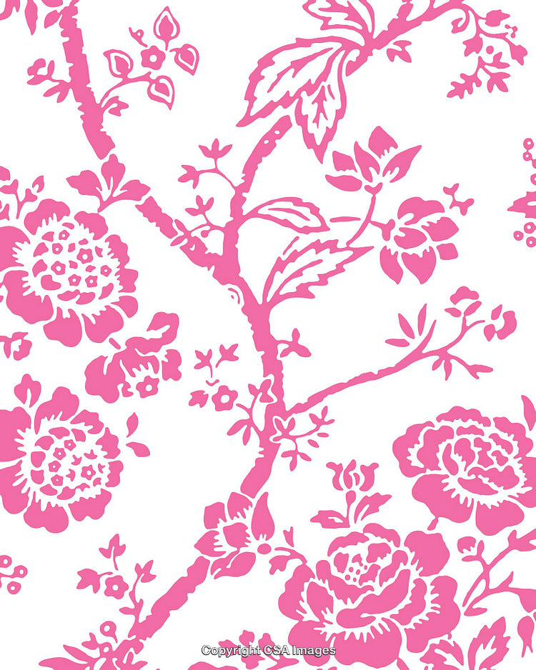Pink Floral Pattern with Delicate Botanical Details on a White Background