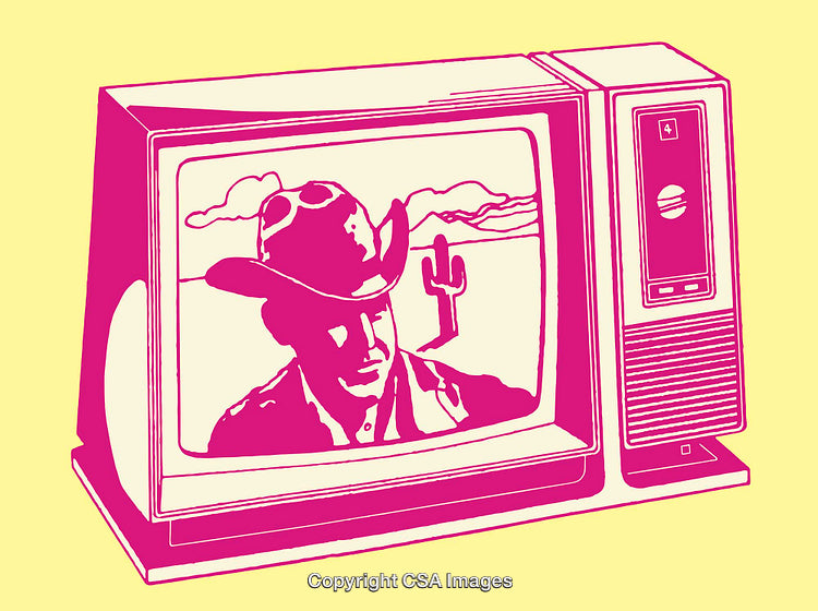 Retro Television Art Featuring Cowboy and Desert Scene on Yellow Background