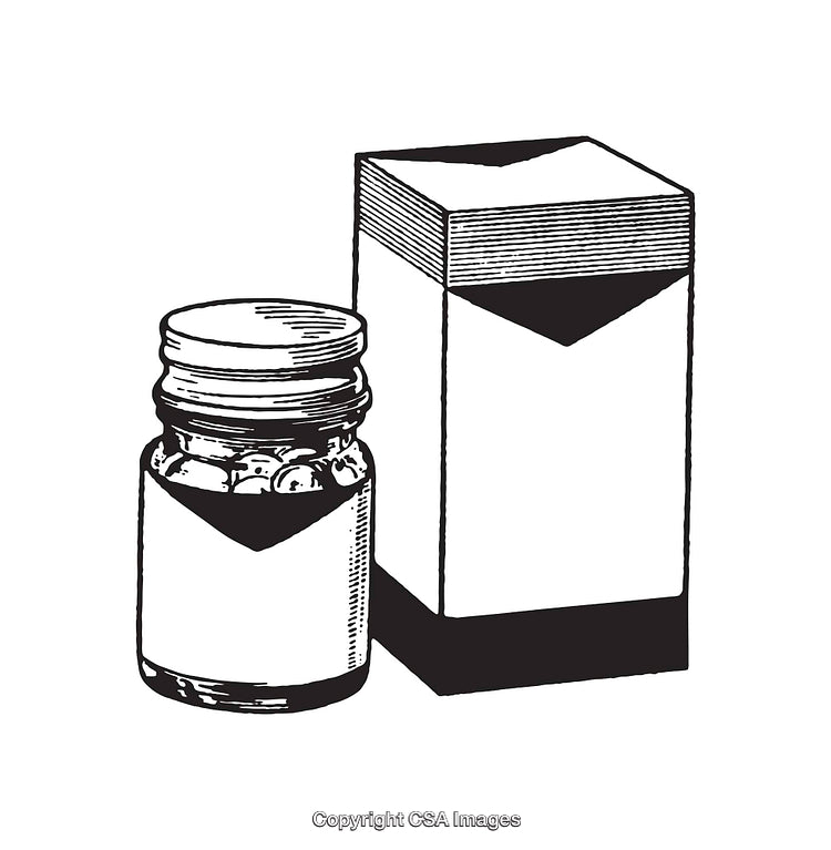 Black and White Line Art of Medicine Bottle and Packaging Box