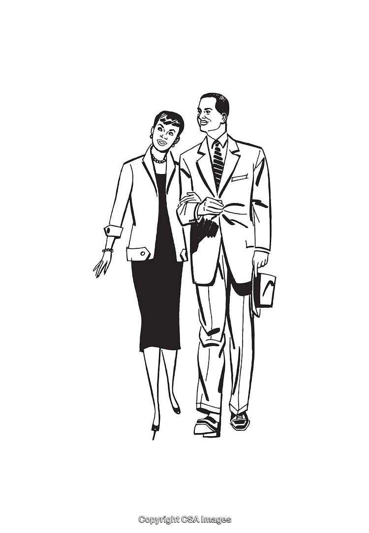 Elegant Black and White Drawing of a Couple Walking Together